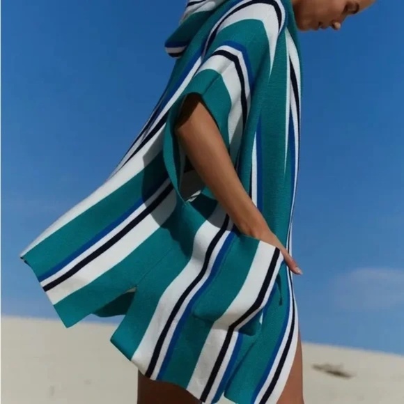 Free People One Size Poncho Striped Hooded Open Knit Kimono Pockets Green White - Picture 5 of 16